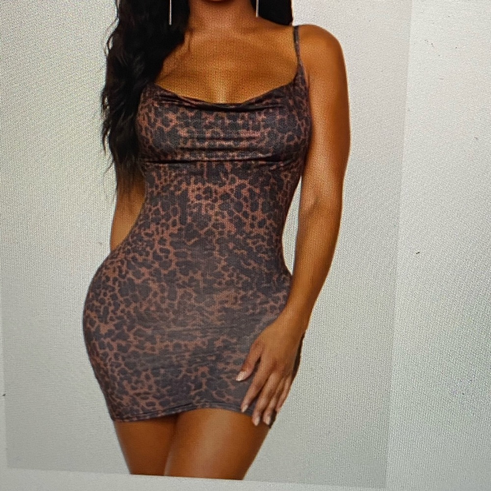 Shape brown leopard print slinky neck dress
